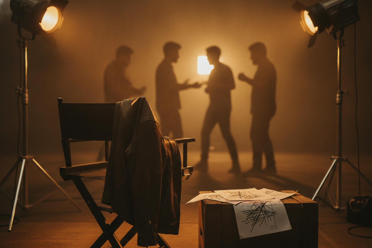 Fictional Pakistani television set with script and studio lights for a drama production