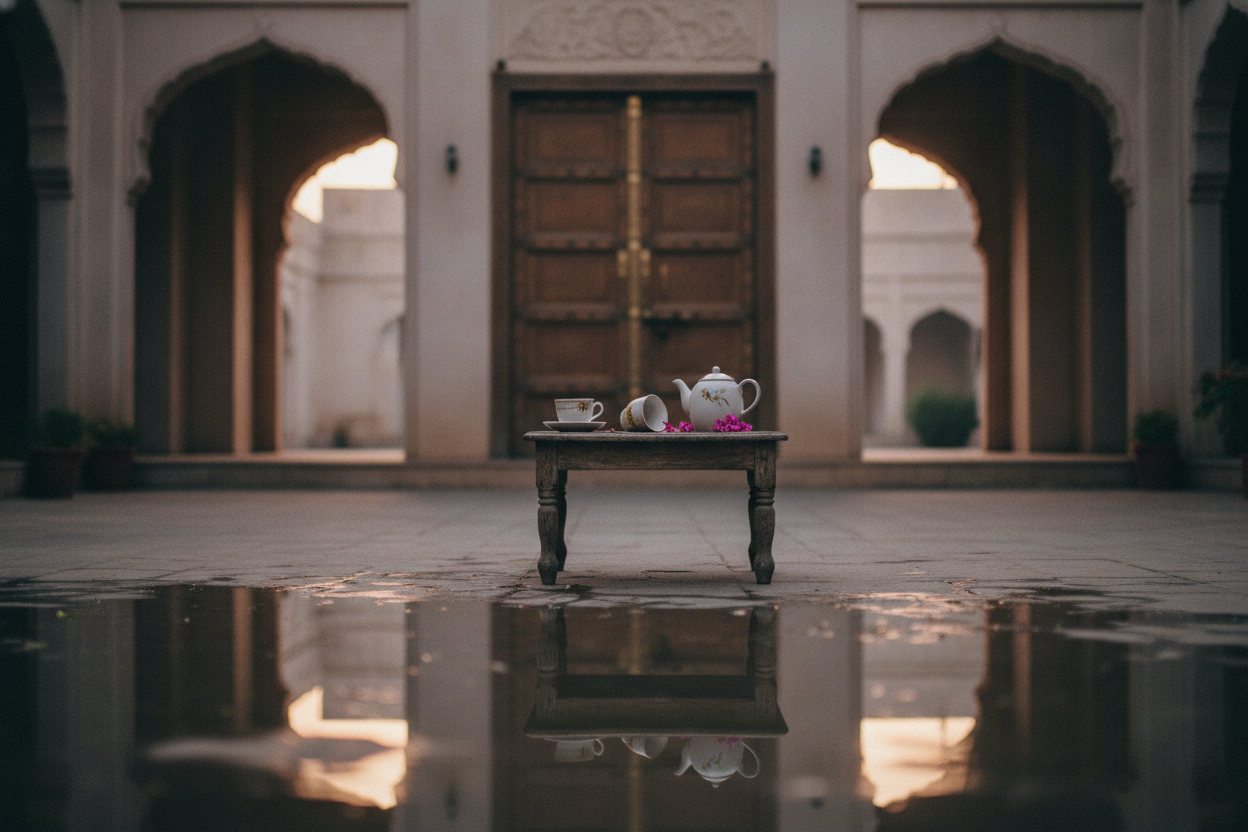 Rainy courtyard and closed door representing the emotional mood of Hijr drama