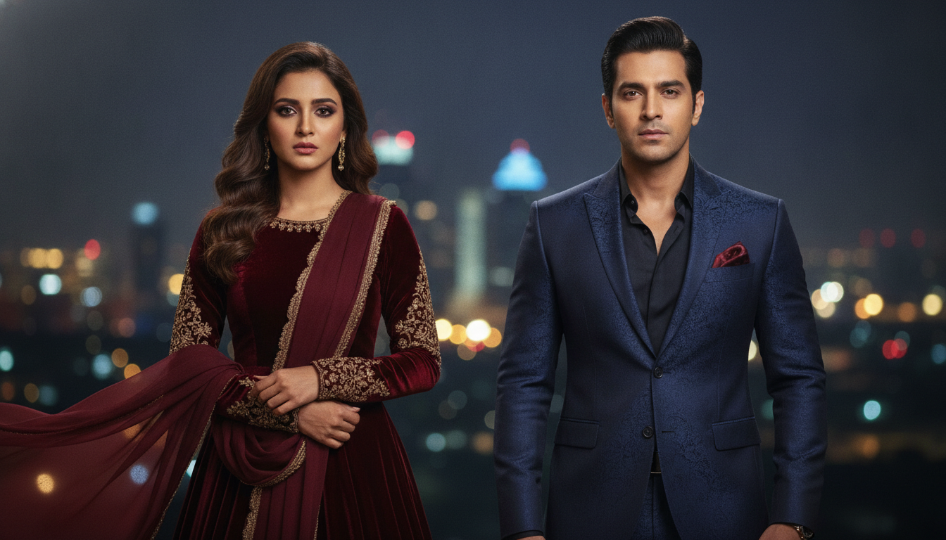 Fictional Pakistani drama leads in a romantic editorial portrait