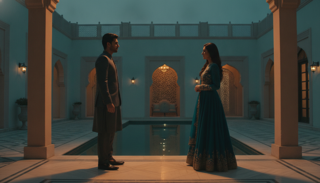 Cinematic Pakistani drama couple in a warm courtyard