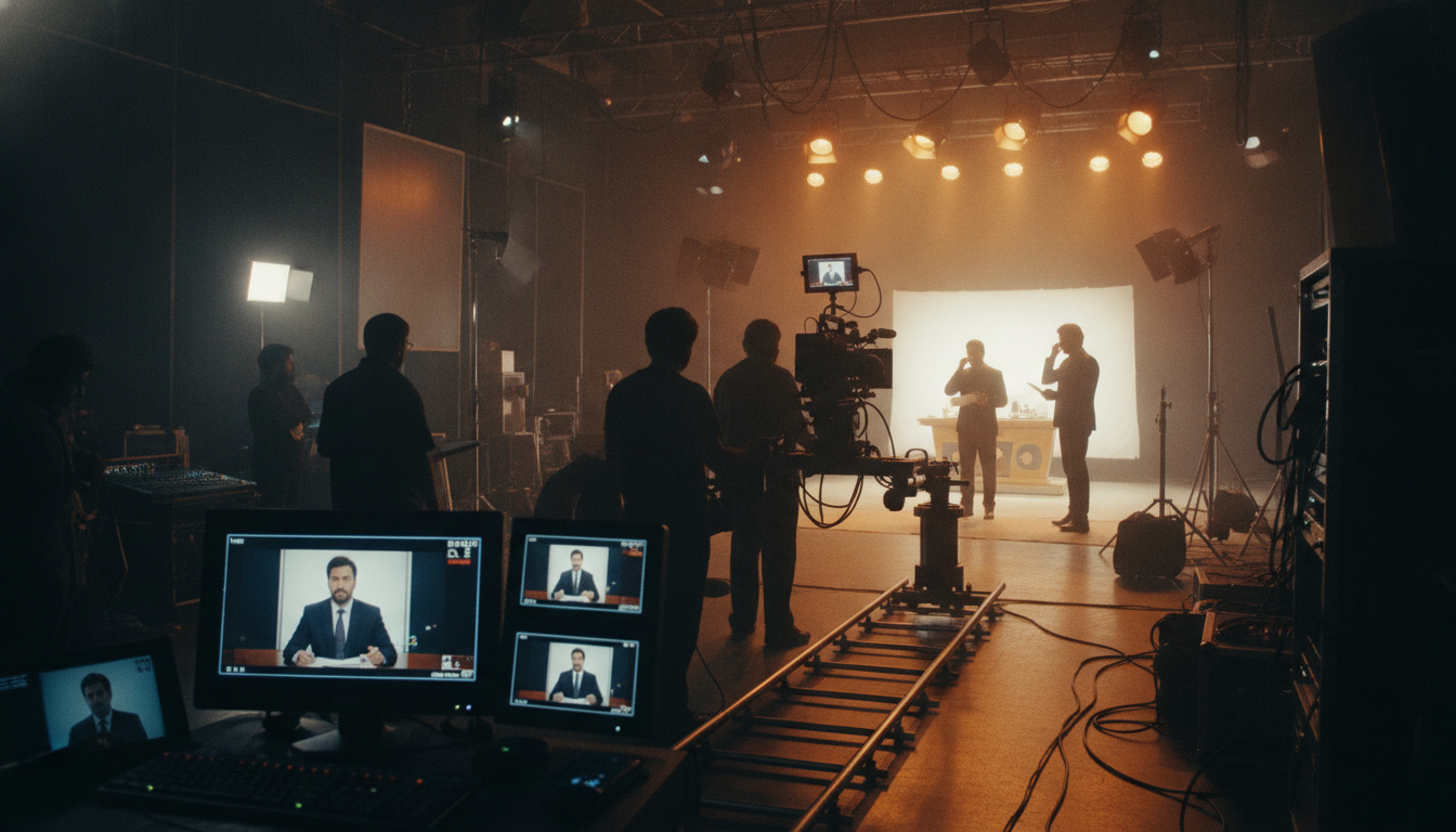 Television drama production set with camera and studio lights